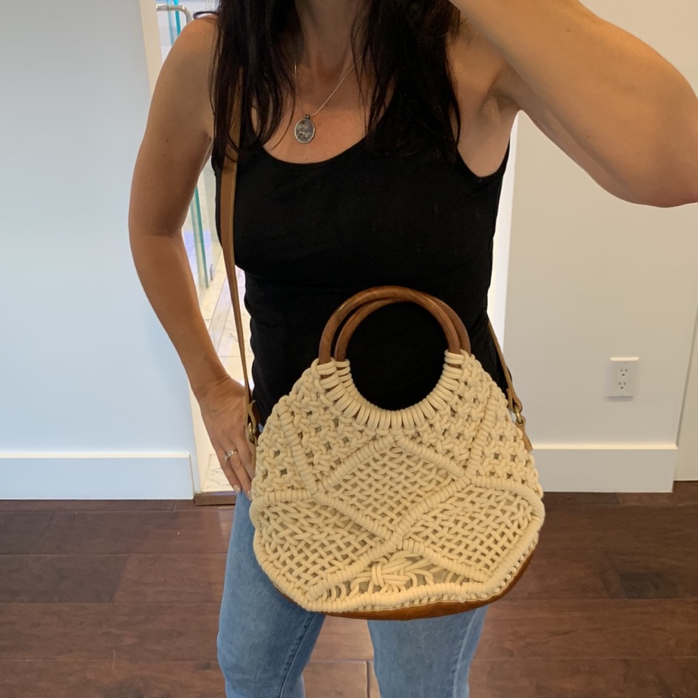 Cream Macramé & Tan Leather Round Handle Shoulder Bag - Picture 4 of 10